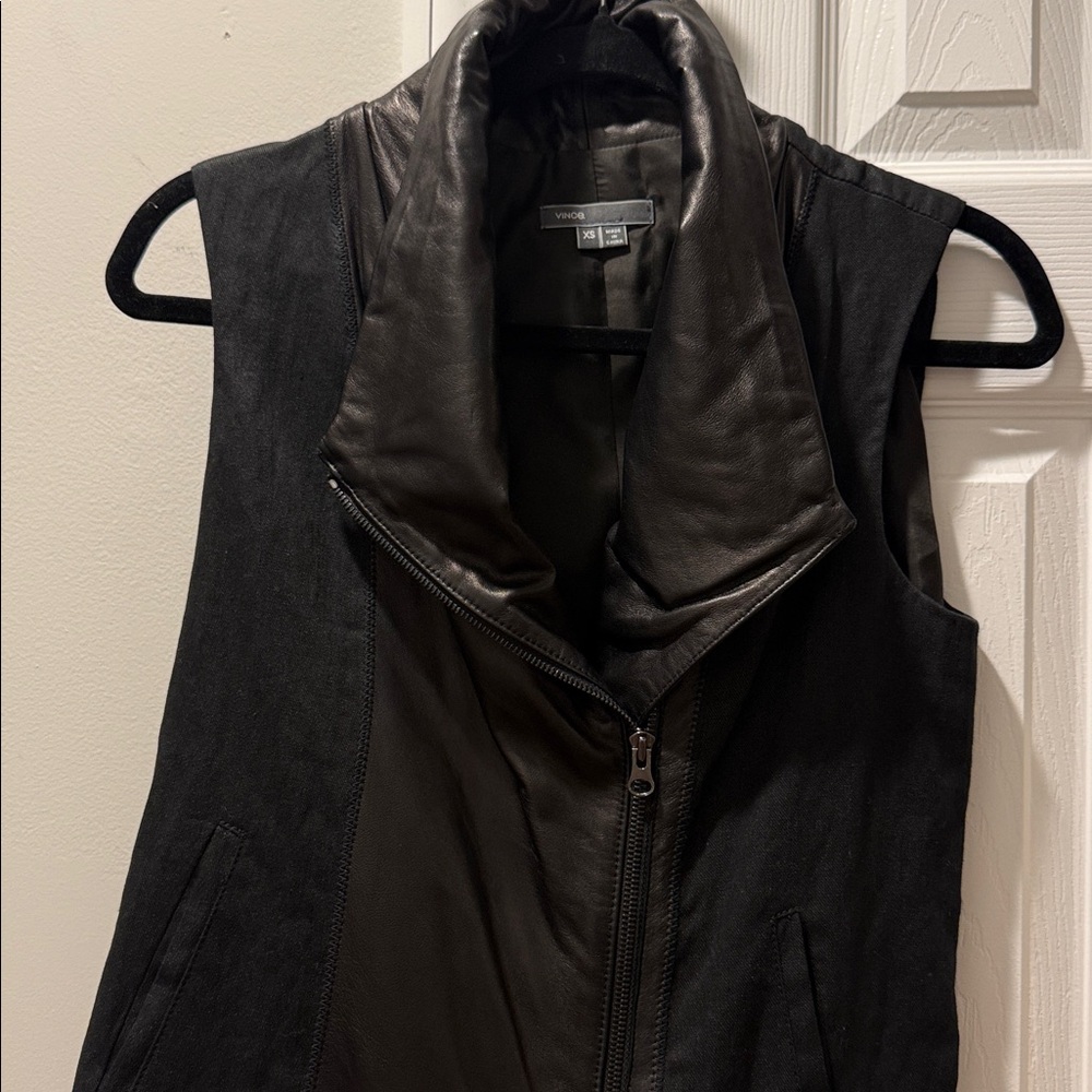 Vince Black Leather Linen Funnel Neck Front Zip Asymmetrical Vest